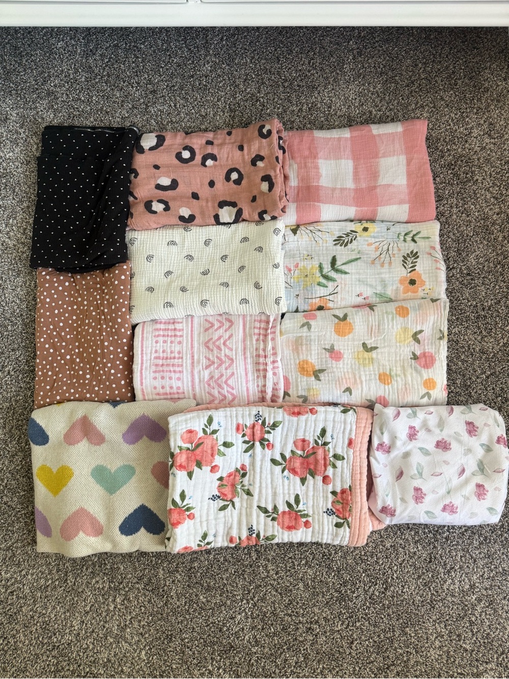 Set of 12 Assorted Baby Swaddle Blankets - Floral, Heart, Plaid & Animal Prints
